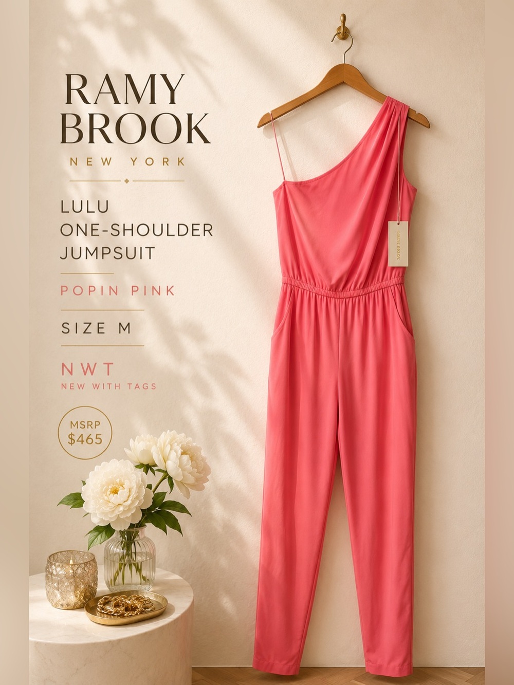 Ramy Brook Lulu One-Shoulder Jumpsuit Popin Pink Size M